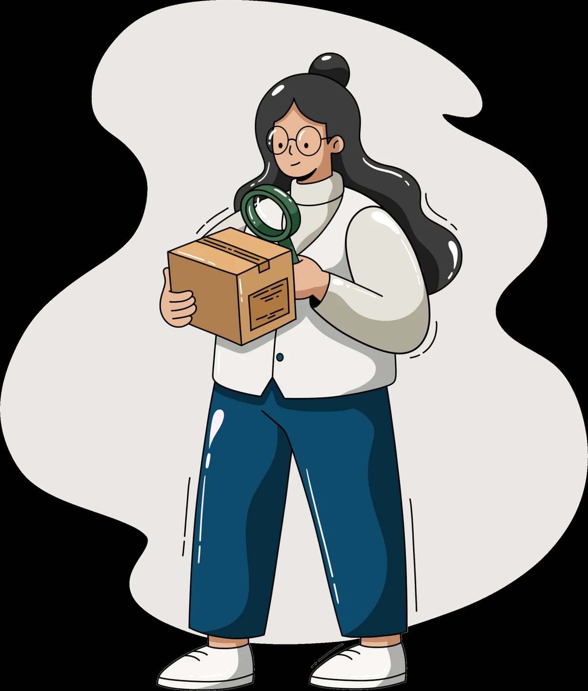A person inspecting the label on a cardboard parcel with a magnifying glass
